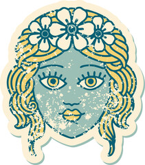 distressed sticker tattoo style icon of female face with crown of flowers