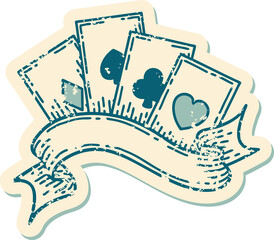 distressed sticker tattoo style icon of cards and banner