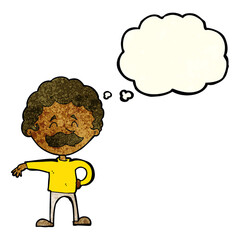 cartoon man making camp gesture with thought bubble