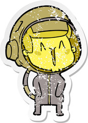 distressed sticker of a happy cartoon astronaut