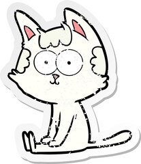 distressed sticker of a happy cartoon cat