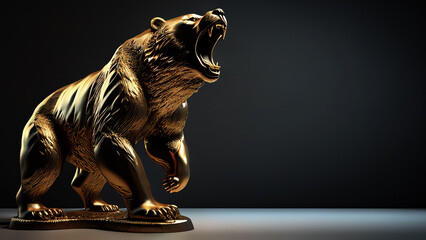 Golden bear market statue with dark background and copy area. Generative AI