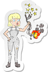 retro distressed sticker of a cartoon female electrician