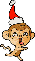 crazy textured cartoon of a monkey running wearing santa hat