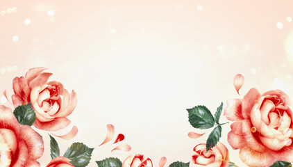 Beautiful floral border with roses , flying petals and leaves at pastel background with bokeh