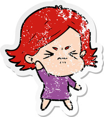 distressed sticker of a cartoon angry girl