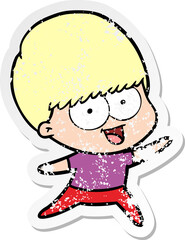 distressed sticker of a happy cartoon boy