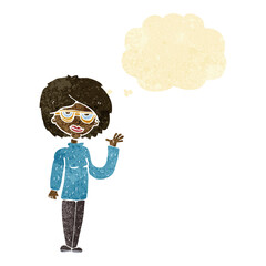 cartoon woman waving with thought bubble