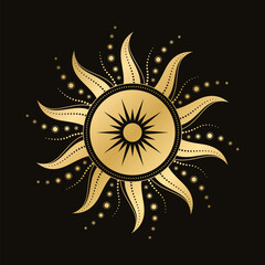 Abstract gold celestial sun vector illustration. Bohemian mystic symbol. Magic talisman, antique tribal style, boho, tattoo, art print, tarot