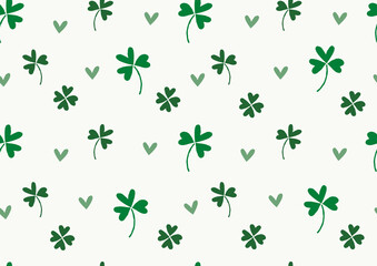 Hand Drawn Seamless Pattern With Clover Leaves And Little Hearts. Irregular Repeatable Design On Off-White Background. Vector Graphic Great To Use For St. Patrick’s Day.