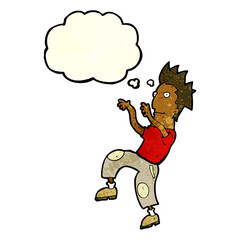 cartoon happy man doing funny dance with thought bubble