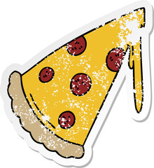 distressed sticker of a quirky hand drawn cartoon slice of pizza