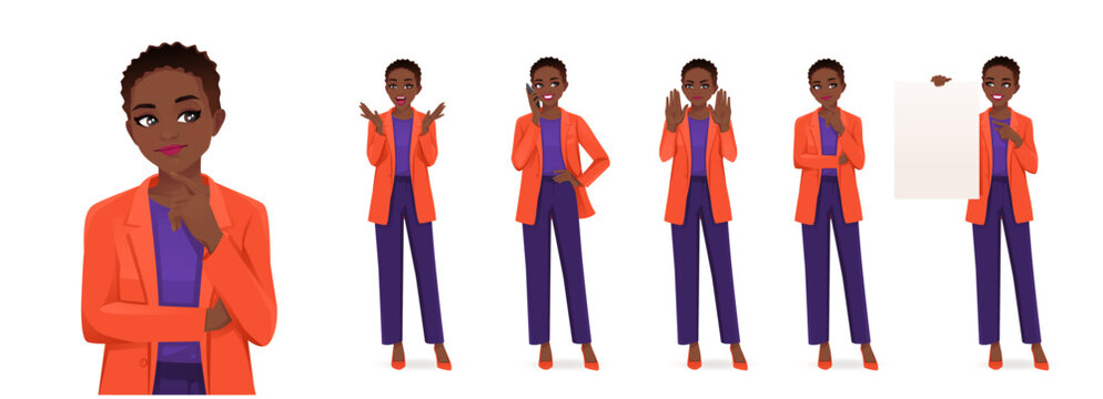 Elegant beautiful business woman in different poses set. Various gestures surprised, showing, thinking, holding empty blank board, talking on the phone isolated vector illustration