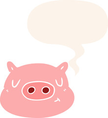 cartoon pig face and speech bubble in retro style