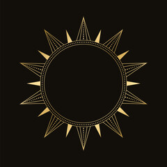 Gold celestial sun vector illustration. Bohemian mystic symbol. Magic talisman, tribal style, boho, tattoo, art print, tarot