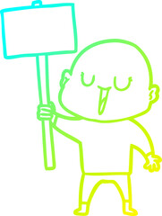 cold gradient line drawing happy cartoon bald man with sign