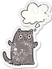 cartoon cat and thought bubble as a distressed worn sticker
