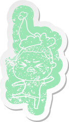 cartoon distressed sticker of a angry woman wearing santa hat