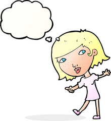cartoon happy girl gesturing to follow with thought bubble