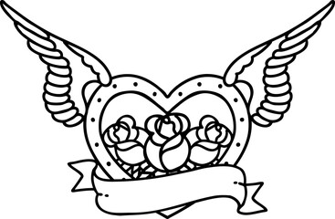 black line tattoo of a flying heart with flowers and banner