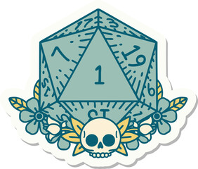 natural one dice roll with floral elements sticker