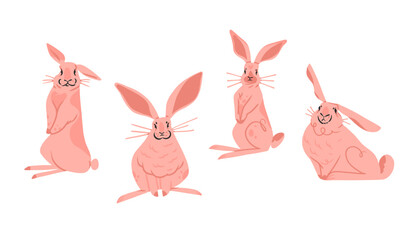 Hand drawn abstract vector graphic clipart illustration collection with pink adorable cute,cartoon bunny characters.Trendy kids modern design concept.Vector contemporary New Year and Easter symbol.