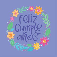 Fototapeta na wymiar Happy birthday label in spanish. Cute hand drawn doodle lettering postcard. Lettering for t-shirt design, mug print, invitation.