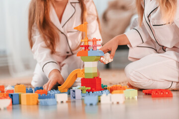 Fototapeta premium Playing with plastic construction toys. Two little girls are having fun together in domestic room