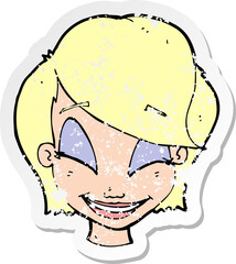 retro distressed sticker of a cartoon pretty female face