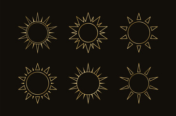 Fototapeta premium Golden boho celestial sun icon outline set. Simple modern abstract design for templates, prints, web, social media posts