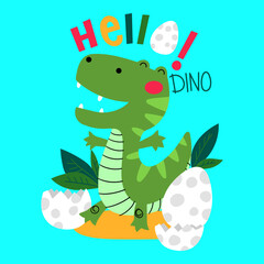 Illustration of a dinosaur that has just come out of the egg and greets the world, illustration for t-shirts. Graphic tees
