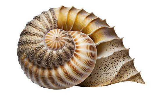 Beautiful sea shell on transparent background, as PNG. Close-up, macro view. Exotic seashell, summer, beach, vacation concept. Generative AI.