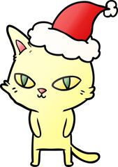 gradient cartoon of a cat with bright eyes wearing santa hat