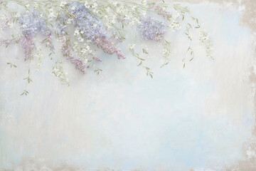 White vintage background with blue delicate botanical design, Generative AI
