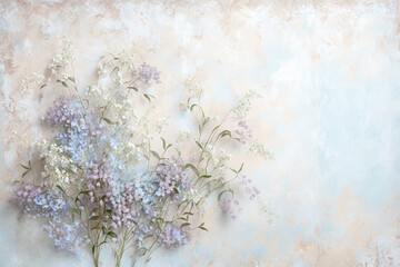 White vintage background with blue delicate botanical design, Generative AI