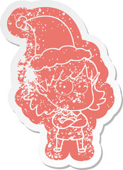 cartoon distressed sticker of a elf girl staring wearing santa hat