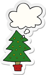 cartoon christmas tree and thought bubble as a printed sticker
