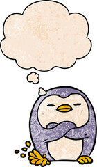 cartoon penguin tapping foot and thought bubble in grunge texture pattern style