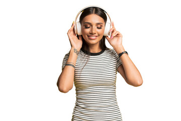 Gorgeous brunette lady listening music in headphones and singing on transparent background