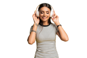 Gorgeous brunette lady listening music in headphones and singing on transparent background