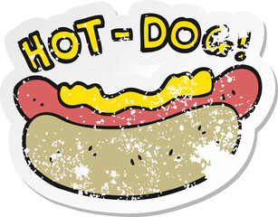 retro distressed sticker of a cartoon hotdog