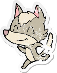 distressed sticker of a friendly cartoon wolf running