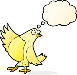 cartoon dancing bird with thought bubble