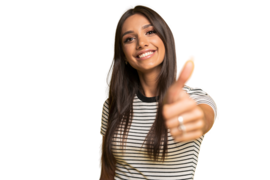 Young happy cheerful woman showing thumb up
