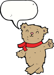 cartoon waving teddy bear with speech bubble