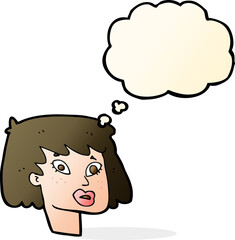 cartoon pretty female face with thought bubble