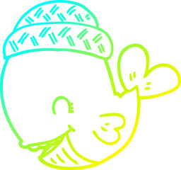 cold gradient line drawing cartoon whale wearing hat
