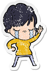 distressed sticker of a cartoon woman crying