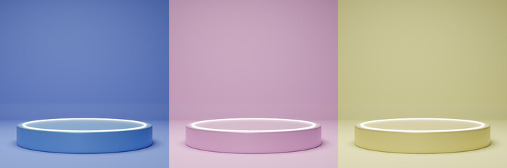 A set of podiums in different colors, podiums for product demonstrations and presentations on stands - 3D Illustration