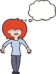 cartoon woman shrugging shoulders with thought bubble